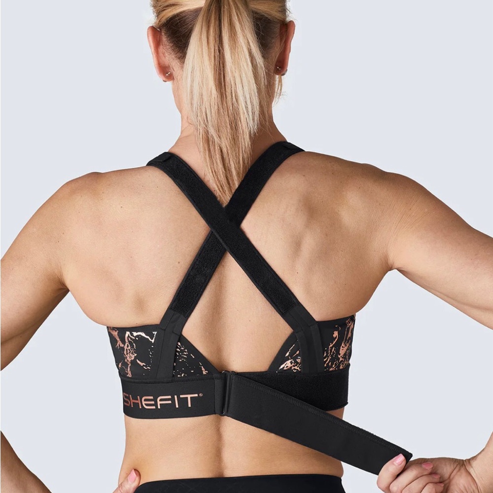 SHEFIT Flex Sports Bra Zip Front Medium Impact Black & Rose Gold Size M - Picture 2 of 7